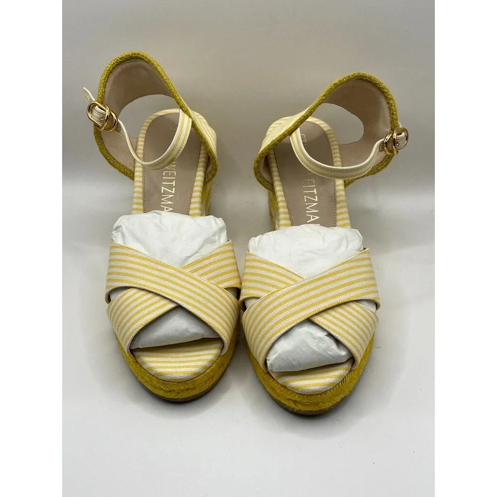 Stuart Weitzman Mirela Stripes Womens US 7.5C Ankle Strap Wedge Sandals NWOB